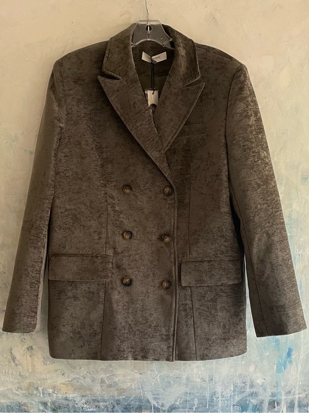 COMMENSE Oversized Velvet Blazer Double-Breasted Gray-Green Velvet NWT Size M